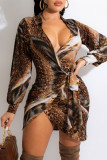 Vestidos de manga comprida com estampa de leopardo moda casual estampa bandagem com gola virada para baixo