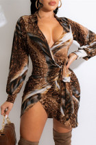 Imprimé léopard mode décontracté imprimé bandage col rabattu robes à manches longues