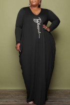 Vestidos de talla grande de manga larga con cuello en O y pliegues de patchwork con estampado informal negro