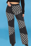 Schwarze, gerade Patchwork-Jeans mit hohem Bund und Karomuster im Patchwork-Stil