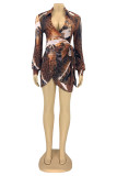 Модные повседневные платья с леопардовым принтом и повязками с отложным воротником и длинными рукавами