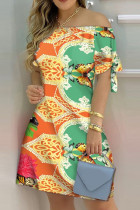 オレンジ色のファッションカジュアルプリント包帯オフショルダー半袖ドレスドレス
