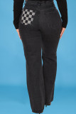 Zwarte rechte denim jeans met geruite print en hoge taille