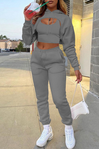 Dark Gray Fashion Casual Solid Hollowed Out Hooded Collar Long Sleeve Three-piece Set