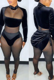 Black Sexy Solid Bandage Patchwork See-through Fold Asymmetrical Long Sleeve Two Pieces