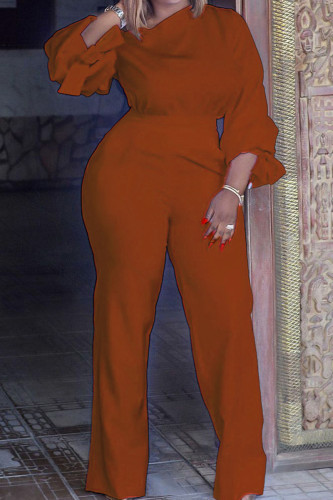 Brown Casual Solid Patchwork O Neck Straight Jumpsuits