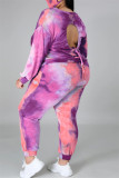 Rouge Fashion Casual Print Tie Dye Backless O Neck Plus Size Two Pieces