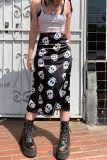 Zwarte Street-schedelkopprint Patchwork Rechte rechte broek met hoge taille en volledige print