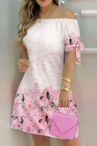 ピンクのファッションカジュアルプリント包帯オフショルダー半袖ドレスドレス