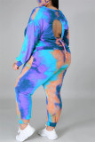 Pink Purple Fashion Casual Print Tie Dye Backless O Neck Plus Size Two Pieces
