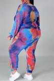 Paarse Mode Casual Print Tie Dye Backless O Neck Plus Size Two Pieces