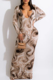 Brown Fashion Casual Print Basic V Neck Long Sleeve Dresses