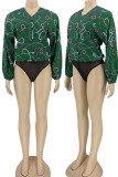 Green Sexy Print Patchwork Buckle V Neck Straight Bodysuits