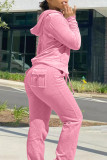 Mode rose Casual solide Cardigan pantalon col à capuche manches longues deux pièces