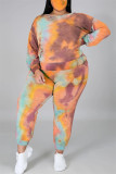 Blauwpaars Mode Casual Print Tie Dye Backless O Neck Plus Size Two Pieces