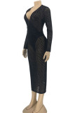 黒のセクシーなパッチワーク シースルー V ネック ワン ステップ スカート ドレス