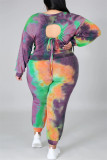 Multicolore Fashion Casual Print Tie Dye Backless O Neck Plus Size Two Pieces