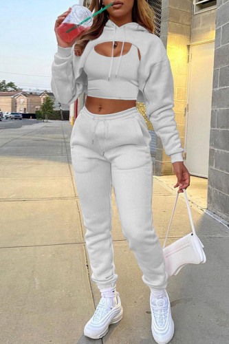 Light Gray Fashion Casual Solid Hollowed Out Hooded Collar Long Sleeve Three-piece Set