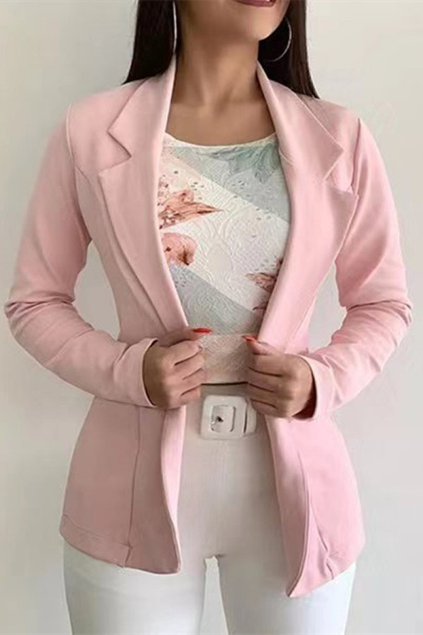 Prendas de abrigo de cuello vuelto cárdigan sólido informal de moda rosa