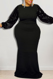 Black Elegant Solid Patchwork Sequins O Neck Long Sleeve Plus Size Dresses