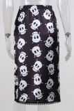 Zwarte Street-schedelkopprint Patchwork Rechte rechte broek met hoge taille en volledige print