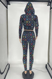 Blue Casual Print Patchwork Zipper Hooded Collar Long Sleeve Two Pieces