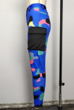 Pantalon basique grande taille imprimé décontracté bleu mode (sans ceinture)