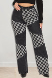 Schwarze, gerade Patchwork-Jeans mit hohem Bund und Karomuster im Patchwork-Stil