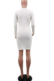 ホワイトセクシーなソリッドくり抜きパッチワークドローストリングフォールド非対称襟ワンステップスカートドレス