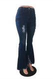Dark Blue Fashion Casual Solid Skinny Flare Leg Ripped Denim Jeans