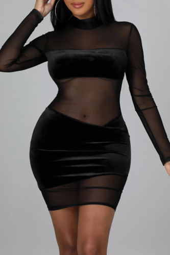 Schwarze, sexy, einfarbige, durchsichtige Mesh-Kleider mit halbem Rollkragen und einstufigem Rock