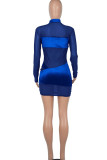 Coloré bleu Sexy solide Patchwork maille transparente demi-col roulé une étape jupe robes