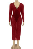 バーガンディのセクシーなパッチワーク シースルー V ネック ワン ステップ スカート ドレス
