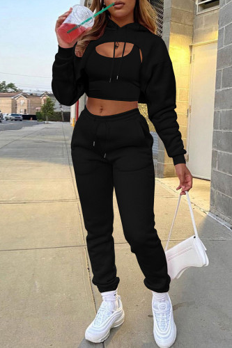 Black Fashion Casual Solid Hollowed Out Hooded Collar Long Sleeve Three-piece Set