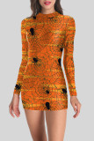 オレンジ ストリート パンク プリント パッチワーク O ネック ワンステップ スカート ドレス