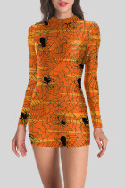 オレンジ ストリート パンク プリント パッチワーク O ネック ワンステップ スカート ドレス