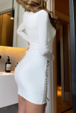 White Sexy Solid Hollowed Out Patchwork Draw String Fold Asymmetrical Collar One Step Skirt Dresses