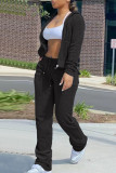 ブラックファッションカジュアルソリッドカーディガンパンツフード付きカラー長袖ツーピース