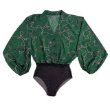 Bodysuits retos com estampa sexy verde patchwork fivela decote em V
