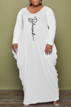 ホワイト カジュアル プリント パッチワーク フォールド O ネック ロング スリーブ プラス サイズ ドレス