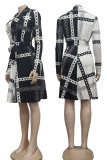 Black White Casual Print Patchwork With Belt Turn-back Collar A Line Dresses