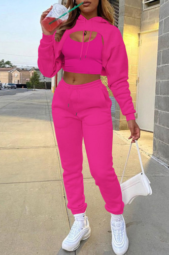 Rose Red Fashion Casual Solid Hollowed Out Hooded Collar Long Sleeve Three-piece Set