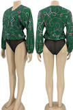 Green Sexy Print Patchwork Buckle V Neck Straight Bodysuits