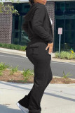Pantalones cárdigan sólidos informales de moda negros con cuello con capucha manga larga de dos piezas