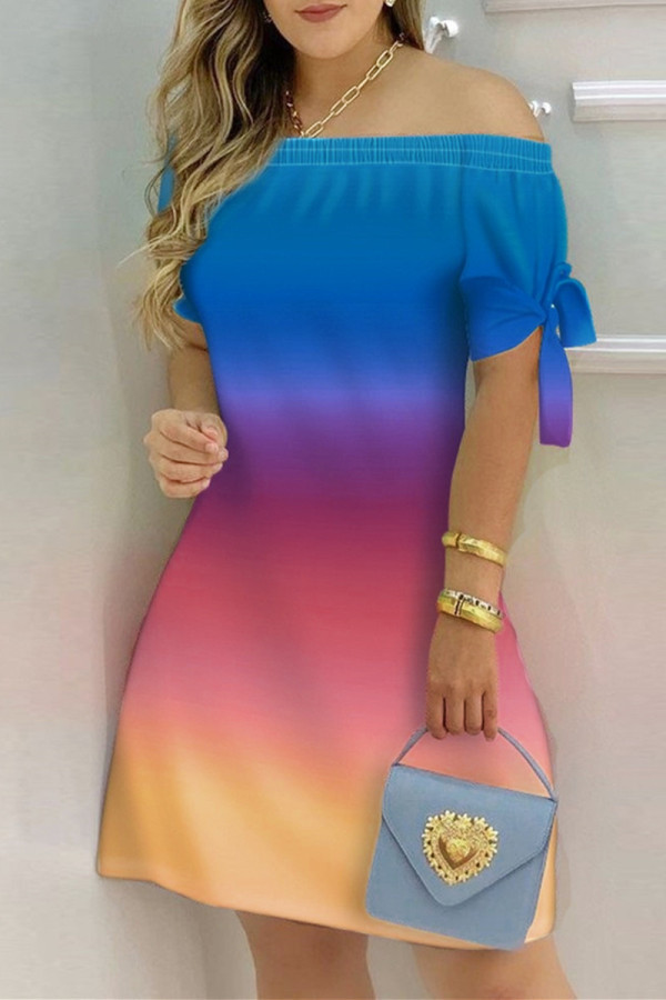 ブルーファッションカジュアルプリント包帯オフショルダー半袖ドレスドレス