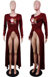 Purplish Red Casual Print Patchwork O Neck Irregular Dress Dresses