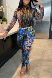 Blue Fashion Casual Print Basic O Neck Long Sleeve Two Pieces