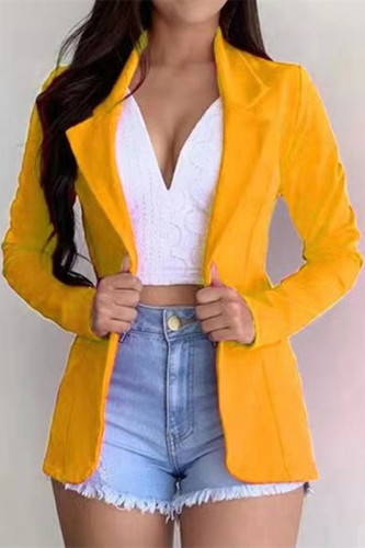 Yellow Fashion Casual Solid Cardigan Turndown Collar Outerwear