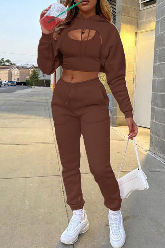 Brown Fashion Casual Solid Hollowed Out Hooded Collar Long Sleeve Three-piece Set