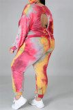 Red Fashion Casual Print Tie Dye Backless O Neck Plus Size Due pezzi